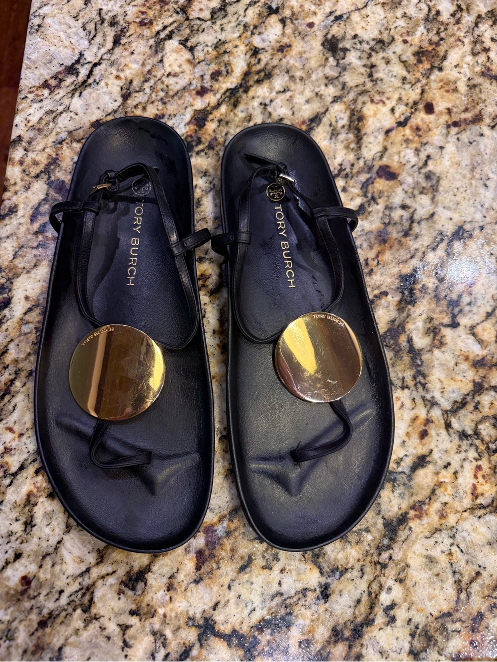 Tory Burch Black Leather Sandals with Gold Disc Accent